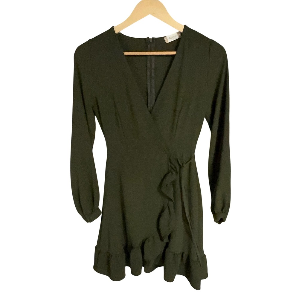 Altar'd State Olive Green Ruffle Faux Wrap Mini Dress Long Sleeve XS